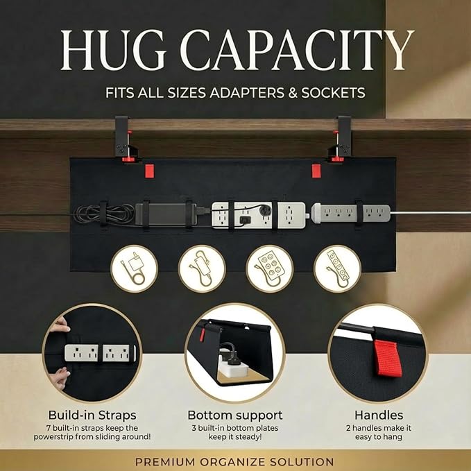Under Desk Cable Management No Drill – 48" L x 6" W Cord Organizer, Upgraded Silicone Pads (No Scratch), 16 Cable Slots, Washable PE Honeycomb Base, Fits Desks 0–2.1" Thick, Black