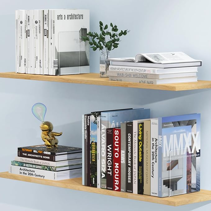 Acrylic Bookends 4 Pcs, Clear Book Ends for Shelves, Bookend Organizer | Transparent Book Holder Stand Decorative, Book Stoppers for Heavy Duty Books, CD, File, Video Games