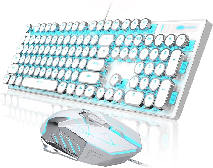 Retro Typewriter Keyboard and Mouse Combo, Cute White Keyboard with Linear Red Switches, Full Size Wired Mechanical Gaming Keyboard, Cool Light Up Keyboard and Mouse for Gaming,Work,Mac,PC,Windows