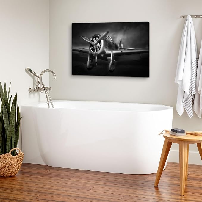 Airplane Canvas Wall Art for Men Bedroom, Black and White Military Plane Turbine Propeller Picture Wall Decor Living Room Vintage Aircraft Prints Paintings Artwork for Walls Home Decorations 24x36"