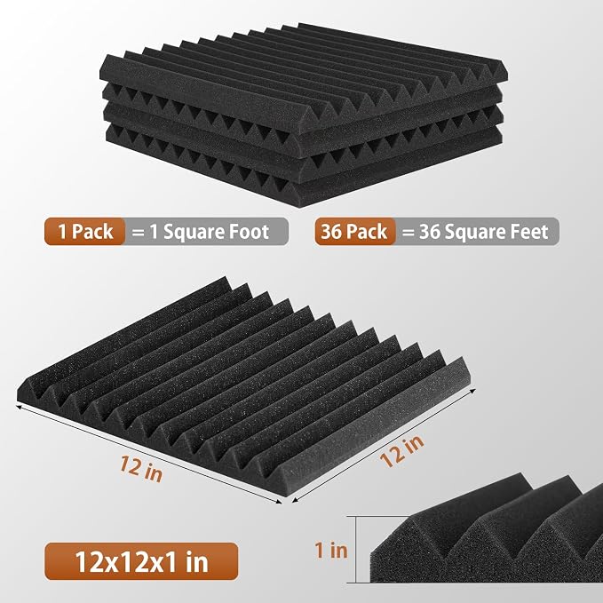 SD SODOCT 36 Pack Self-Adhesive Wedge Acoustic Foam Panels 12" x 12" x 1" | Peel & Stick, Flame-Retardant, 30kg/m³ High Density