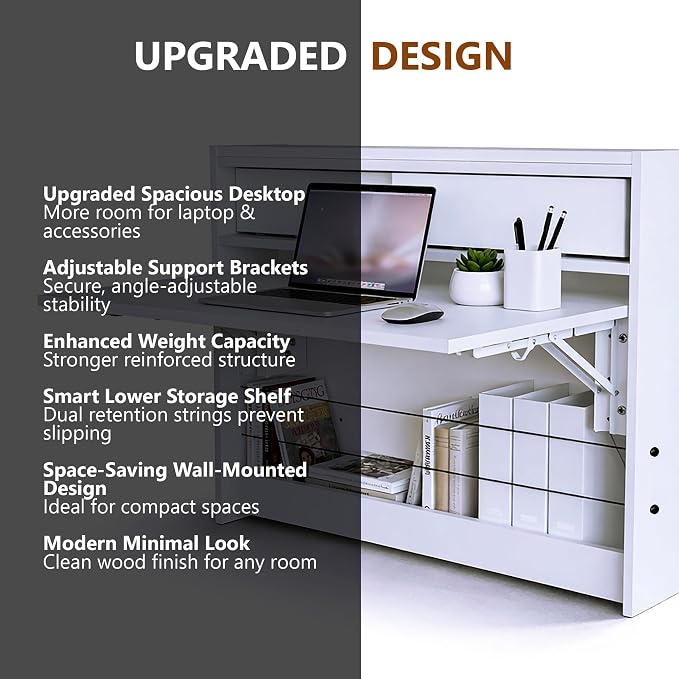 Wall Mounted Desk 31 inches, Folding Table with Shelves, Space Saving Computer Table, Floating Table for Wall, Multi-Purpose Folding Desk Perfect for Workstations, Dining, or Laundry Area.