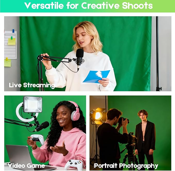 Green Screen Backdrop Kit, 10 x 6.5 Ft Portable Green Screen with T-Shaped Stand, Carrying Bag, 5 Clamps, Photography Greenscreen Background Kit for Streaming, Gaming, Zoom