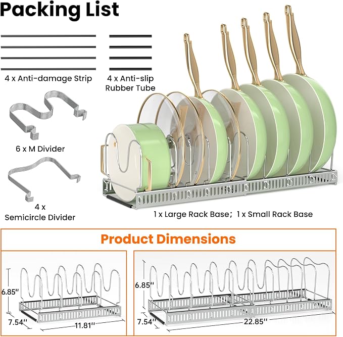 MUDEELA Expandable Pot Pan Lid Organizers inside Cabinet, 10 Divider-Silver | Expandable 11.8–22.9", 10 Adjustable Divider, Tool-Free Assembly, Non-Slip, Scratch-Proof, For Pan Lid Cutting Board Bakeware