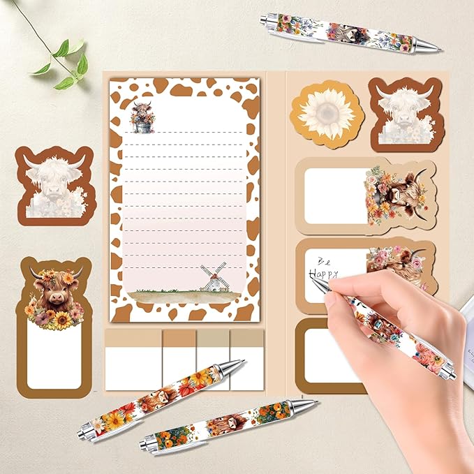 Highland Cow Stationery Sets, Highland Cow Gifts for Women Christmas Cow Lovers Stuff Include Scottish Sticky Notes Ballpoint Pens Makeup Bag Office Decor for Students School Teacher Meeting Supplies