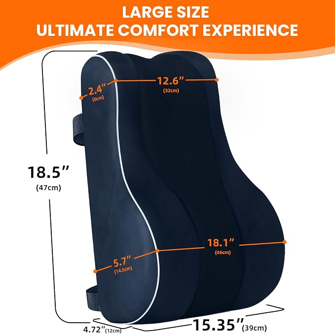 CloudBliss Ergonomic Lumbar Support Pillow Seat Cuhsion - Memory Foam for Lower Back Pain Relief, Adjustable Straps & Mesh Cover for Office, Gaming, Car Seat (XL, Blue)