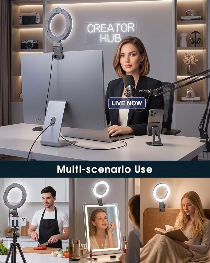 Ring Light for Computer Video Conference - Webcam Light for Monitor Clip On Remote Working Distance Learning Zoom Call Self Broadcasting and Live Streaming Influencer Light Laptop Video Conferencing