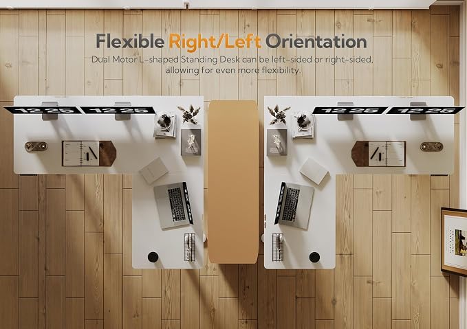 Claiks L Shaped Standing Desk Dual Motor Adjustable Height 63x55in White | Height 28.5-47.2in, 220lbs capacity, sturdy steel frame, splice board included, ideal for home office corner