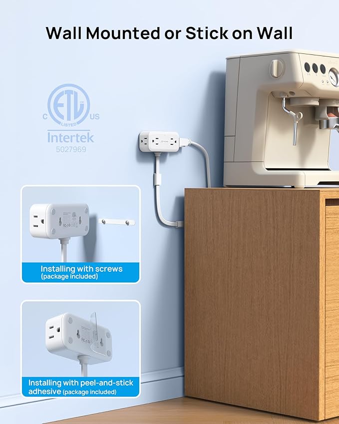 TROND 360° Rotating Flat Plug Power Strip, 1.5FT Extension Cord with 4 USB Ports, 4 Wide Spaced AC Outlets, Wall Mount, 900J Surge Protector for Office Travel Dorm Room Essentials, White