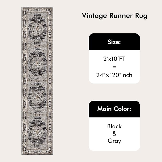 2x10 Runner Rug for Hallway Washable: Non Slip Kitchen Rugs with Rubber Backing Soft Waterproof Wide Mats Stain Resistant Low Pile Carpet for Entryway Bedroom Bathroom Laundry Home Decor Black/Gray