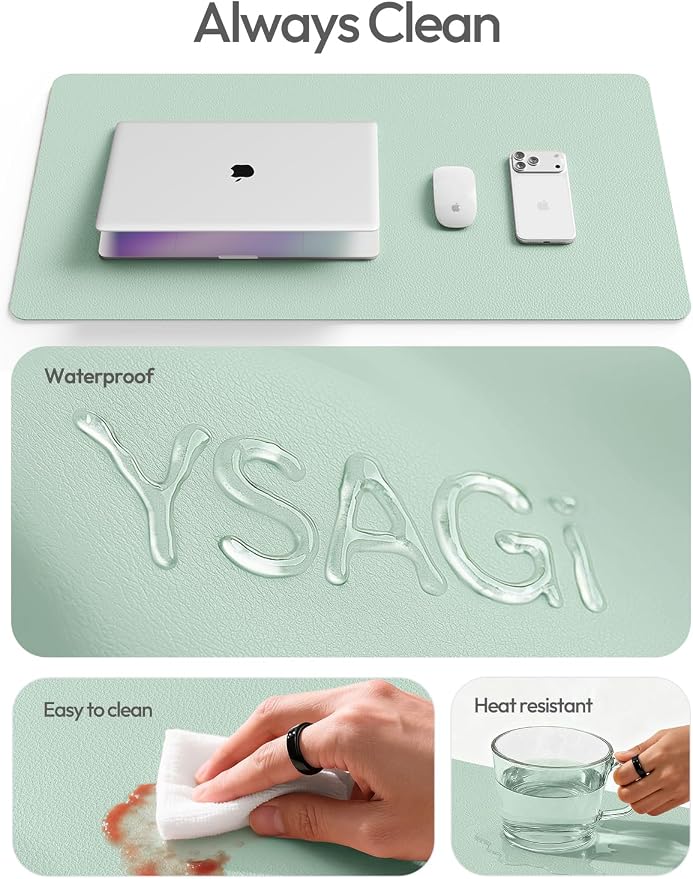 YSAGi Leather Desk Protector, Office Mat, Large Mouse Mat, Non-Slip PU Leather Blotter, Laptop Desk Mat, Waterproof Writing Pad for Office and Home(Pale Green, 63" x 17.2")