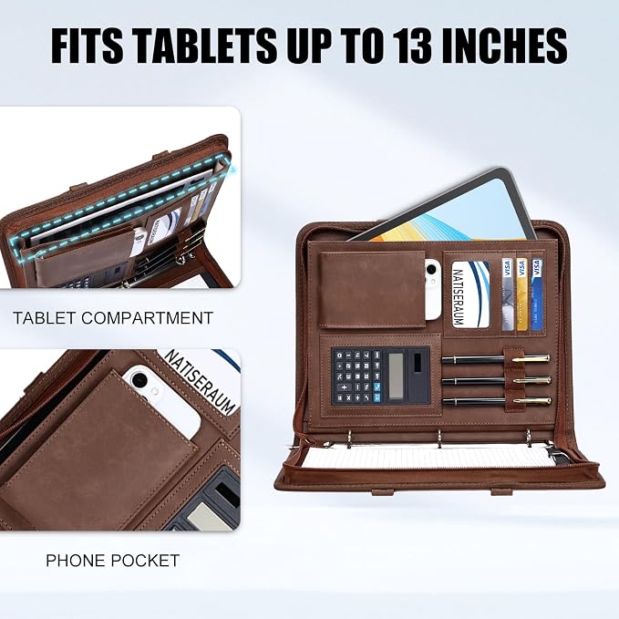 Portfolio Binder - 3 Ring Binder with Magnetic Handle, Vegan Leather Business Padfolio Folder with Notepad, Includes 5 Dividers with 10 Pockets for Documents Files