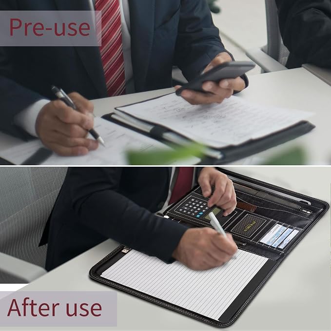 Faux Leather Portfolio Padfolio Organizer with Calculator, Writing Pad, Zipper Closure, Tablet Sleeve, Clipboard with Storage, Document Organizer, Business Card Holder, Note Pads-Black