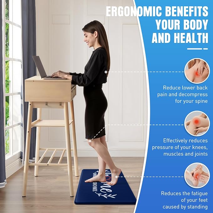 HappyTrends Kitchen Mat for Floor, 2PCS Cushioned Anti-Fatigue Kitchen Rugs, Waterproof Non-Slip Standing Mats and Rugs Set for Kitchen, Office, Laundry, Navy, 17.3"×30"+17.3"×47"
