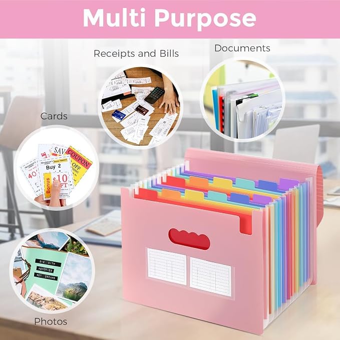 SKYDUE Accordion File Organizer, Expanding File Folder with 13 Pockets, Portable Document Paper Bill Receipt Organizer, Home School Office Supplies, Letter A4 Size Pink