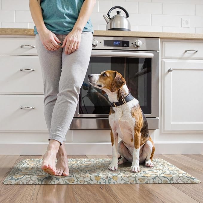 KIMODE Kitchen Mats for Floor Anti-Fatigue Cushioned Comfort Standing Mat | Vintage Yellow, 32" x 20", Floral Sink Rug Non Slip for Laundry,Wipe Clean,Extra Thick,Foam Carpet for Office Floor