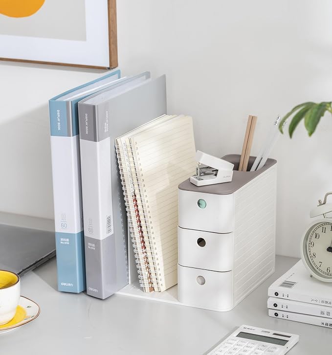 White Plastic Desktop Organizer with File Holder,3-tier Drawers with Pen Holder,Book Stand for Office Supplies and Desk Accessories (White+Blue)