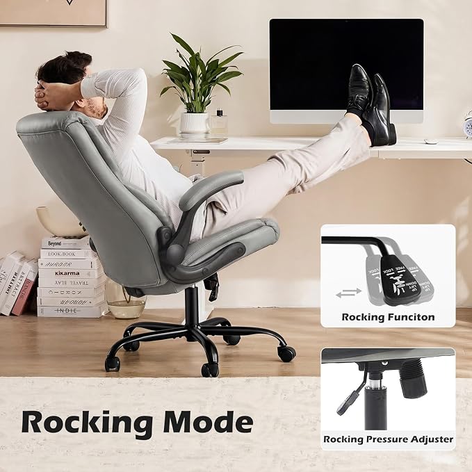 DUMOS Office Chair Set of 2 - Ergonomic Executive Computer Desk Chairs with Adjustable Flip-up Armrest, Swivel Task Chair with Lumbar Support, Strong Metal Base, PU Leather, Grey