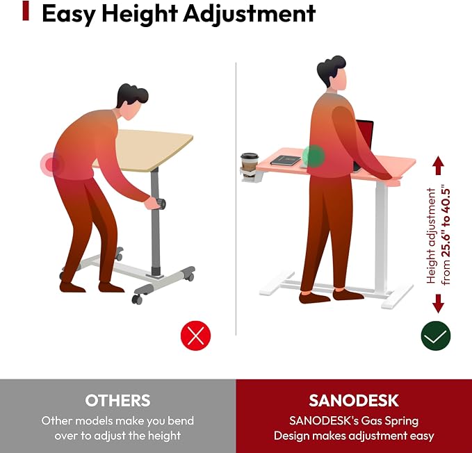 SANODESK 28''Mobile Standing Desk with Hidden Wheels,Pneumatic Laptop Desk | Sofa Computer Cart Movable Height Adjustable Table Small Sit Stand Desk for Home Office Hospital Use,27.6" W x 15.7" D,Pink