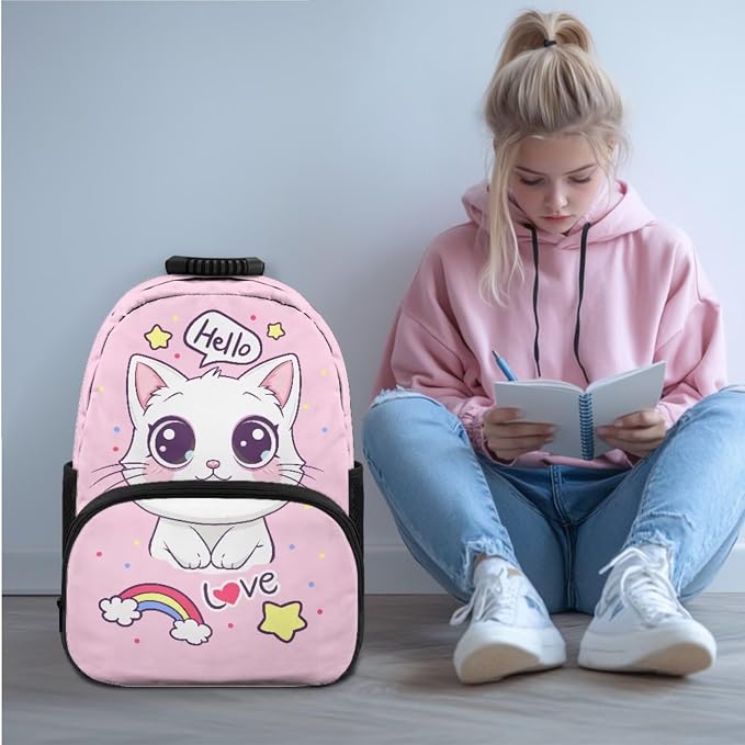 Ystardream Kids School Backpack for Girls Cute Cat Backpack with Lunch Box Pencil Case Water Bottle Sleeve for Girls 8-10 Teens Kids Bookbag Elementary Middle University School Bag 4 in 1