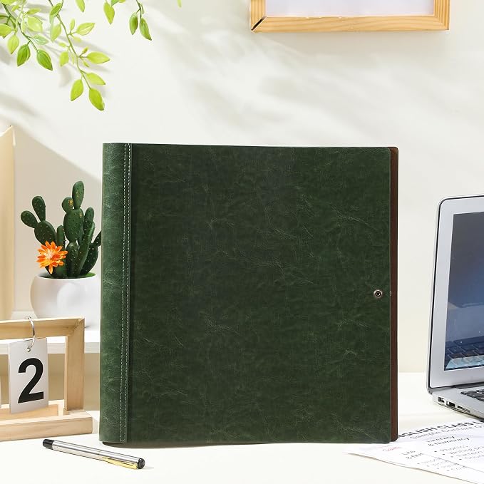 Teling 1 Pcs Leather 3 Ring Binder Holds 8.5 x 11 Inch Paper Binder Organizer Vintage Faux Leather Portfolio Folder Planner for Office Home Document Photo Diary Supplies (Dark Green)