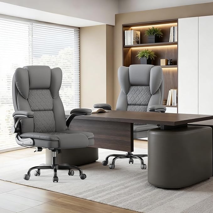 naspaluro Ergonomic Office Chair, Executive PU Leather Chair, Computer Desk Chair with Adjustable Lumbar Support Flip-up Arms, Executive Task Chair, Office Chairs for Home Office, Big and Tall, Gray