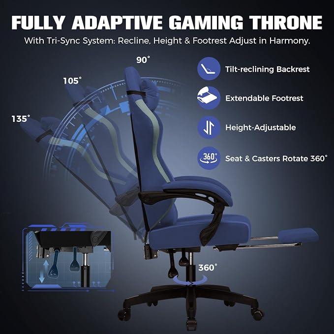 GTPLAYER Big and Tall Gaming Chair 350lbs Heavy Duty Office Chair with Foot Rest, High Back Pocket Spring Ergonomic Computer Chair for Adults, Wide Comfy Seated Cushion with Linkage Armrests,Dark Blue