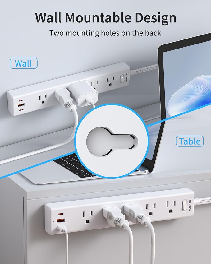 HOPOW Flat Plug Power Strip, 10 Ft Ultra Thin Flat Extension Cord, Surge Protector with 5 Outlets & 3 USB Ports (2 USB C), 1700 Joules, Wall Mount, Desktop Charging Station for Home Office Dorm, White