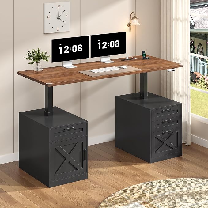 YOMILUVE 60" Farmhouse Electric Standing Desk with Drawers for Home Office | Height Adjustable Computer Desk with 4 Drawers & Storage Shelves, Wood Sit Stand Desk with Power Outlets for Work, Study