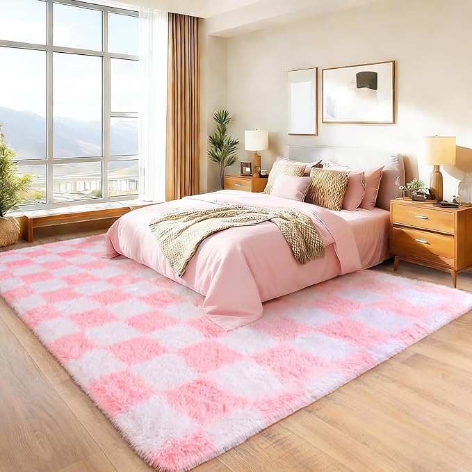 Area Rugs for Living Room Bedroom 9x12, Ultra Fluffy Shag Checkered Rug Modern Washable Carpet Soft Shaggy Non Slip Indoor Plush Fuzzy Rugs for Bedroom Dorm Office Home Aesthetic Decor, Pink and White