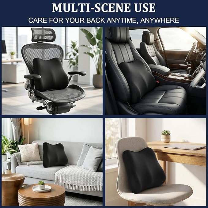 Lumbar Support Pillow for Office Chair Memory Foam Car Lumbar Pillows Lower Back Pain Relief Black Soft Ergonomic Chair Back Pillows for Car, Couch