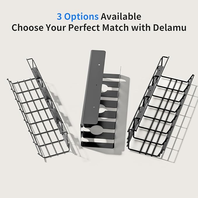 Delamu 2 Pack Metal Under Desk Cable Management Tray, U Channel Cord Organizer Box, Office Under Desk Cord Organizers, Cable Management with Various Accessories, Black, 15.75 Inches