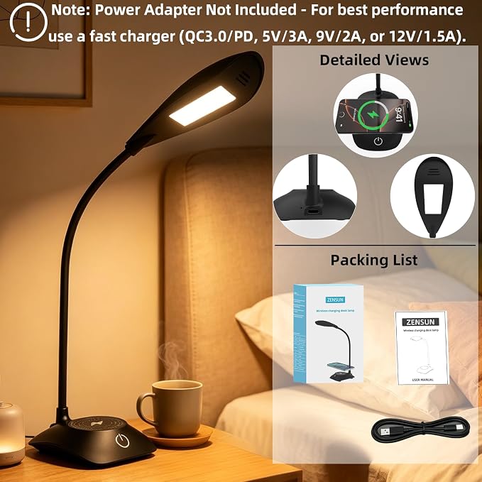 Desk Lamp for Home Office Compatible with MagSafe Wireless Fast Charging, Dimmable 3 Color Modes, 600LM, CRI 85, Adjustable Neck Study Lamps for College Dorm Room, Adapter Not Included, Black