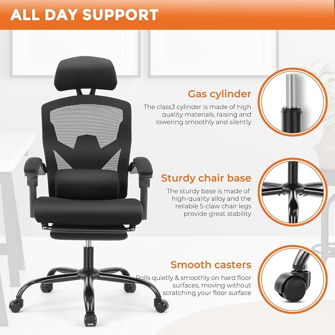 Sweetcrispy Office Computer Desk Chair Set of 2, Ergonomic High-Back Mesh Rolling Work Swivel Chairs with Wheels, Comfortable Lumbar Support, Comfy Arms for Home, Bedroom, Study, Student, Black