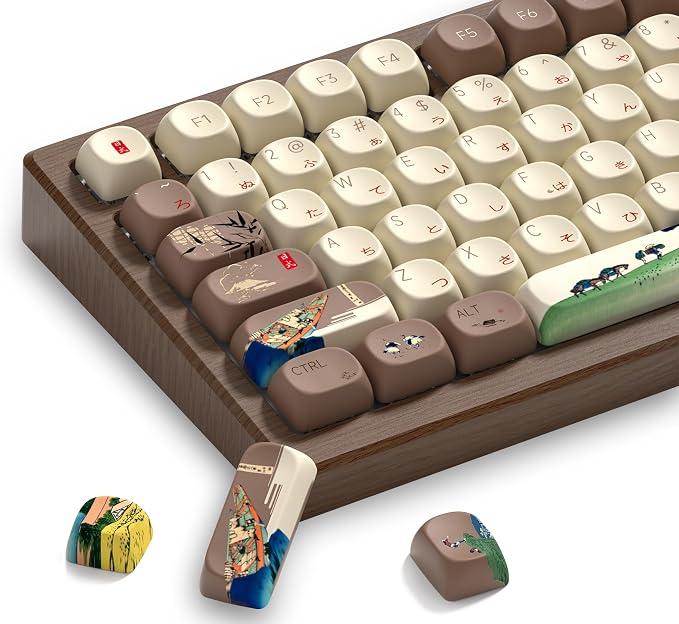 Womier Japanese Keycaps Set 130 Keys MOA Profile for Mechanical Keyboards, Brown Beige Custom PBT Keycaps Set, Dye Sub Side Print, 60 65 75 100 Percent for US Layout Mechanical Keyboard (Fuji)