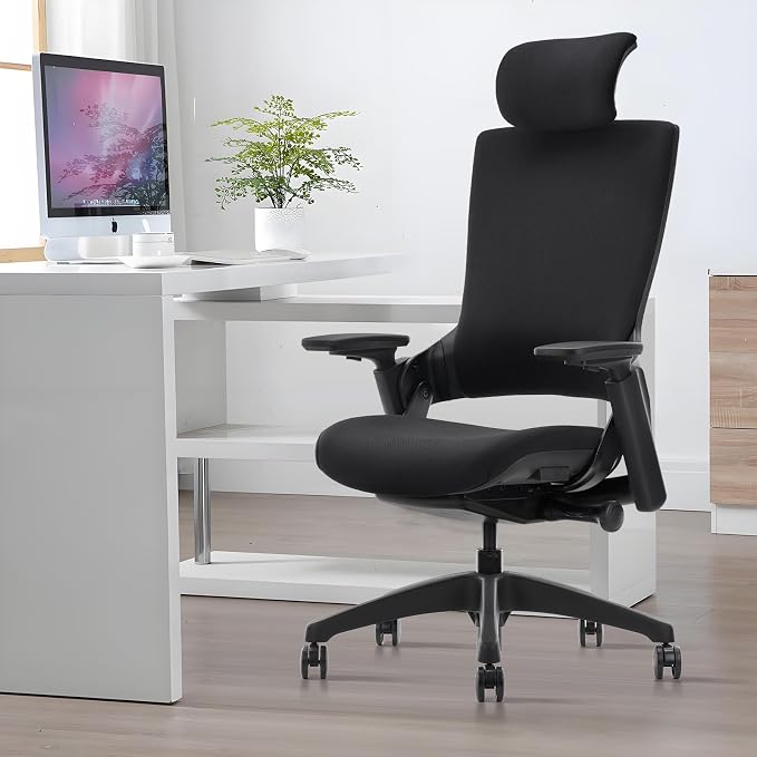 CLATINA Ergonomic High Swivel Executive Chair with Adjustable Height Head 3D Arm Rest Lumbar Support and Upholstered Back for Home Office Studio, Black Fabric, 2 Pack