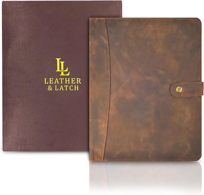 Leather Resume Portfolio Folder for Interview, Professional Padfolio Organizer Binder A4, Graduation & New Job Gift for Men Women – Brown