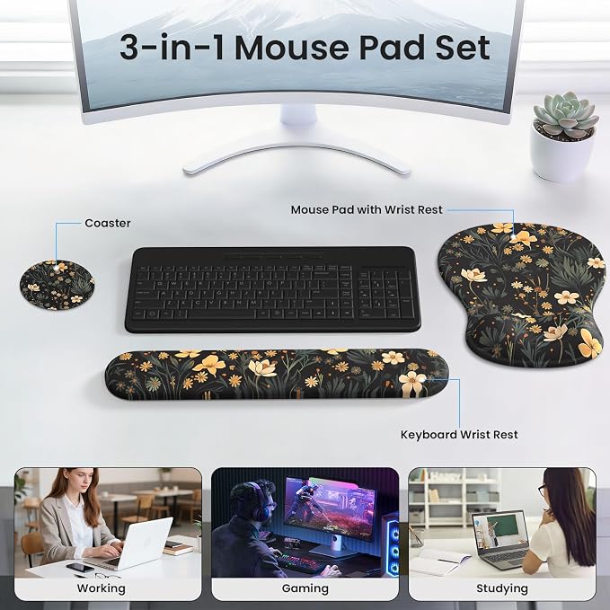 AKIT Ergonomic Mouse Pad and Keyboard Wrist Rest,Memory Foam,Flower Black | 3-in-1 Set Iincludes Mouse Pad and Keyboard Wrist Rest,Memory Foam for Comfort,Suitable for Home, Office, Gaming