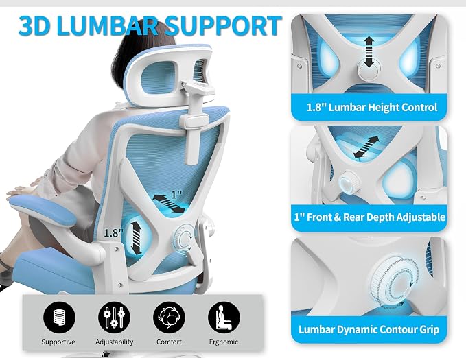 Ergonomic Office Chair: Mesh Desk Chair Comfy with Headrest& Lumbar Support | Ergalithic Big and Tall Office Chairs with Wheels & Flip-Up Arms-Computer Gaming Chairs for Adults Home Office Chairs(Blue)