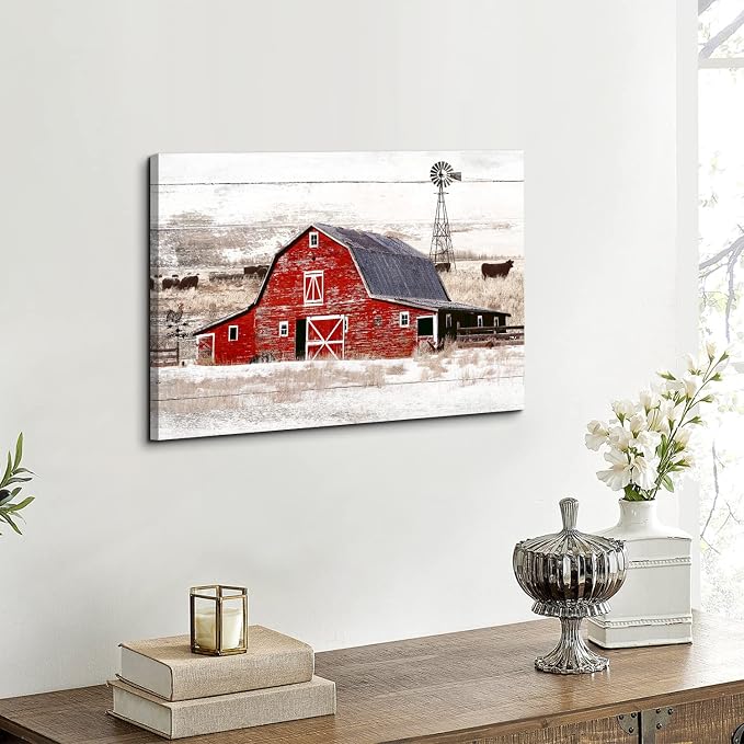 Farmhouse Barn Wall Art Rustic Windmill Wall Decor for Living Room Kitchen, Country Landscape Painting, Vintage Highland Cow Canvas Prints Rustic Old Barn Poster Artwork Cabin Home Decoration 16x24”