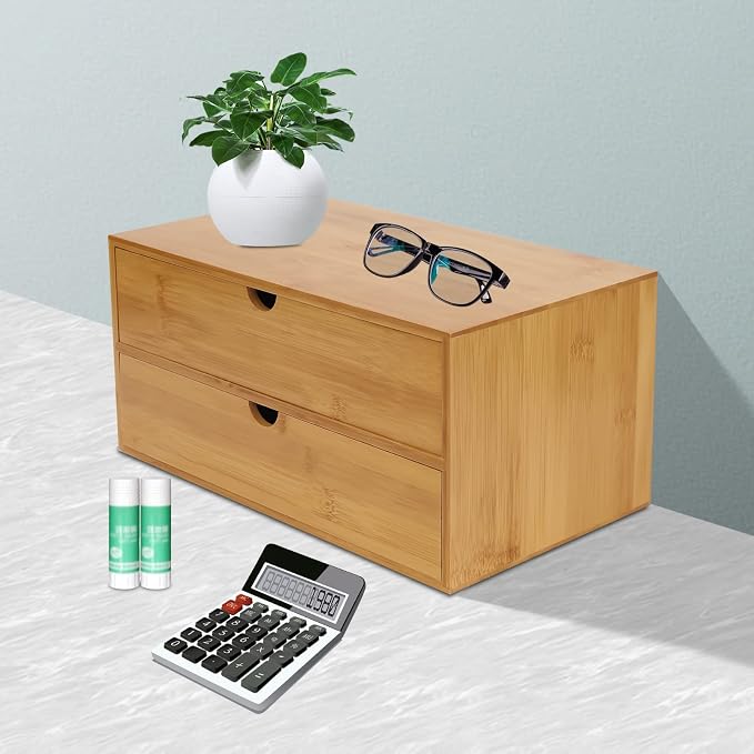 Desktop Organizer, 12.99*7.48*6.3in Bamboo Desk Organizer 2 Drawers Tabletop Storage Organization Box Wooden Countertop Drawers Organizers with 2 Drawers for Cosmetics Collections Toiletries Jewelry