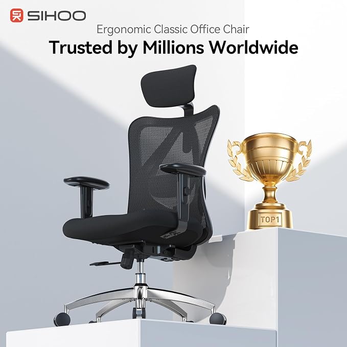 SIHOO M18 Ergonomic Office Chair, High Back Mesh Desk Chair with Adjustable Headrest & Lumbar Support, 330lbs Capacity Computer Chair with 2D Armrests & Wide Cushion, Tilt Lock, 2 Packs-Black