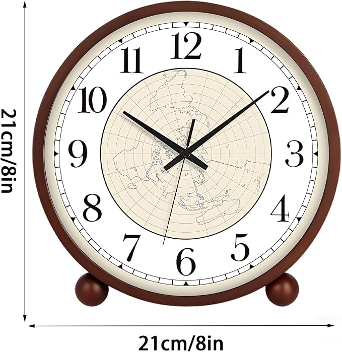 Maxspace Wooden Table Clock,8in Silent Non-Ticking Desk Clock,Battery Operated Desktop Analog Clock for Living Room Bedroom Kitchen Office Classroom Decor (Walnut - Map)