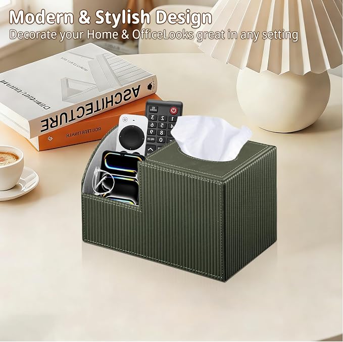 PU Leather Square Tissue Box Cover with Storage,Facial Tissue Box Holder | Multi-Functional Tissue and Remote Control Holder,Cube Tissue Box Organizer/dispenser for Bathroom,Nightstand,End Table Decor