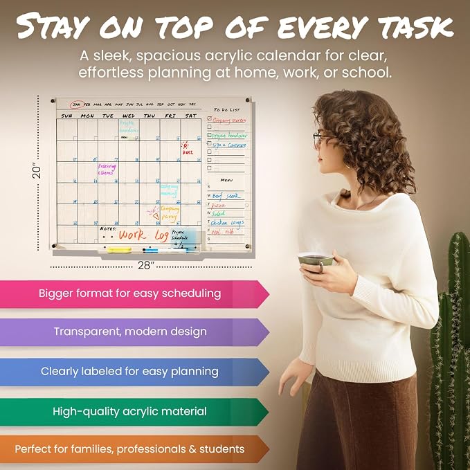 Large 28x20 Acrylic Wall Calendar – Clear Dry Erase Monthly Planner for Wall – Family Command Center for Home, Office & Kitchen – Reusable Acrylic Calendar with Markers & Accessories