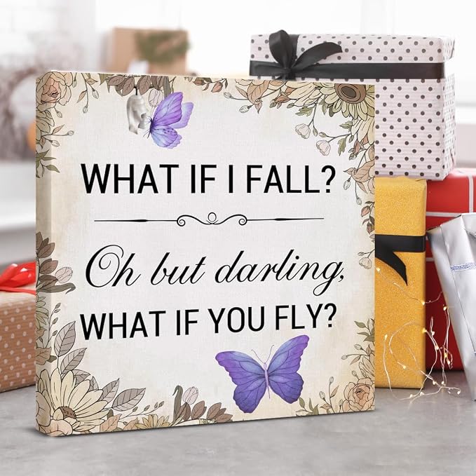 Inspirational Purple Butterfly Wall Art Decor, What If You Fly Motivational Quote Canvas Painting Artwork Picture Posters for Teens Room Bedroom Office (8 X 8 Inches, Framed)