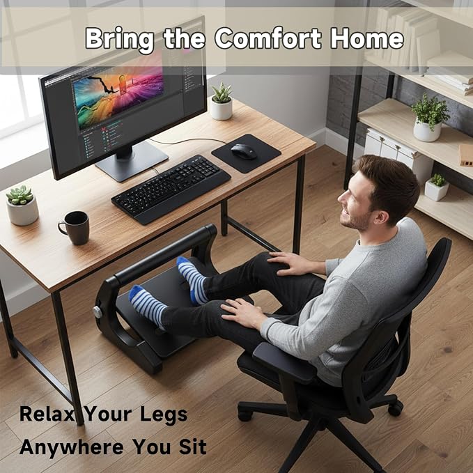 Upgraded Ergonomic Under Desk Foot Rest with Massage Roller | Adjustable Height Textured Foot Stool for Office Work, Home Gaming & Desk Use (Black)