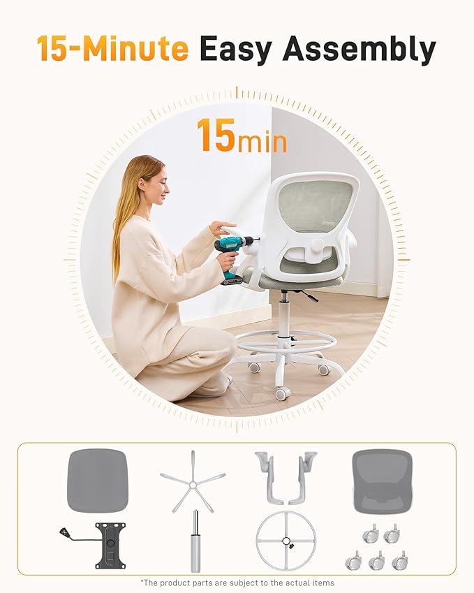 LukkDys Drafting Chair with Arms, Tall Office Chair for Standing Desks | Ergonomic lumbar pad, breathable mesh and foot ring support forward-leaning posture for sewing, crafts and daily studio work.