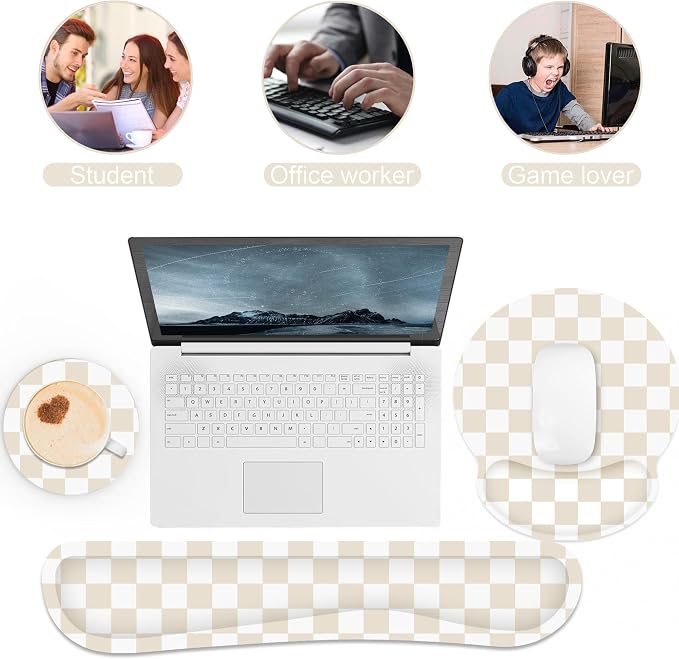 Ergonomic Mouse Pad with Wrist Rest and Keyboard Wrist Rest, Mousepad and Keyboard Pad, Non-Slip Rubber Base, Pain Relief, Mouse Pad with Wrist Support for Gaming, Computer, Office, Beige Checkered