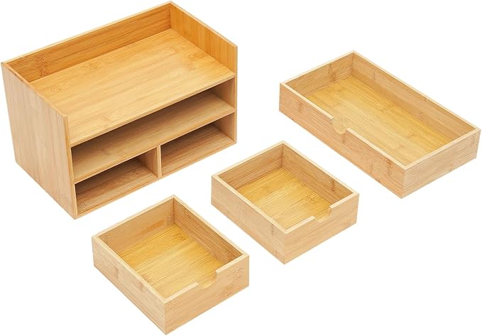 Desk Organizer, Office Vanity Bamboo Desk Organizer, Mini Bamboo Desk Drawer Tabletop Storage Box with 3 Drawer Night Stand Table Organizer for Makeup Vanity Office Supplies (3 Drawer, 1 Top+2 Bottom)